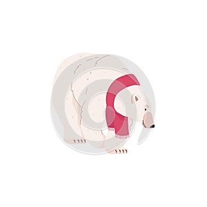 Cute polar bear wearing red scarf, cartoon flat vector illustration isolated on white background.