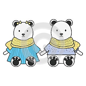 Cute polar bears couple childish characters