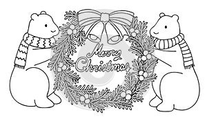 Cute polar bears holding Christmas wreath with hand drawn typo Merry Christmas, for illustration and coloring book page