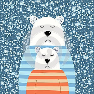 Cute polar bears in sweaters, a gentle and cute illustration, a bearish couple, joyful hugs, a bear hugging a bear, for