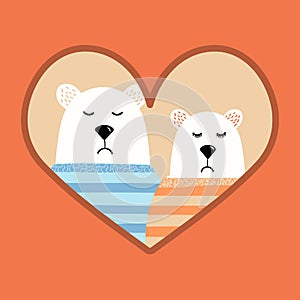 Cute polar bears in sweaters, a gentle and cute vector illustration, a bearish couple, joyful hugs, a bear hugging a bear, for