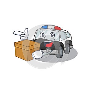 Cute police car cartoon character having a box