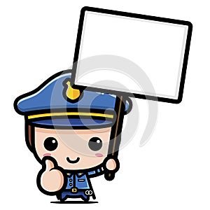Cute police cartoon character wearing full police costume with holding board to text