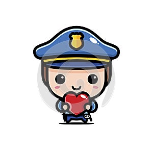 Cute police cartoon characters wearing police costumes complete with holding hearts