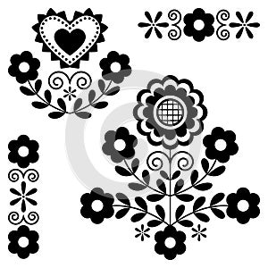 Cute Polish Floral folk art vector monochrome design elements inspired by traditional highlanders embroidery Lachy Sadeckie from N