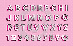 Cute polka dots 3D english alphabet letters set.  Vector LOL doll surprise style. Happy birthday alphabet with hot pink shadow