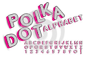 Cute polka dots 3D english alphabet letters set.  Vector LOL doll surprise style. Happy birthday alphabet with hot pink shadow