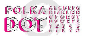Cute polka dots 3D english alphabet letters set.  Vector LOL doll surprise style. Happy birthday alphabet with hot pink shadow photo