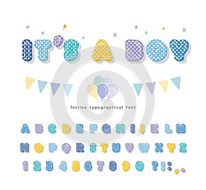 Cute polka dots font in pastel blue. Paper cutout ABC letters and numbers. Funny alphabet