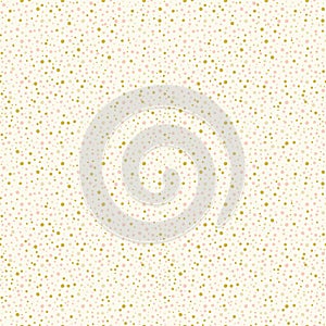 Cute polka dots seamless vector pattern background. Random painted pastel pink, gold, yellow dot shapes backdrop. Dense