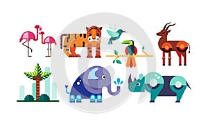 Cute polygonal African animals set, flamingo, tiger, antelope, parrot, elephant, rhino vector Illustration on a white