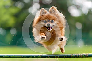 Cute Pomeranian dog jumping over obstacle while doing agility sport