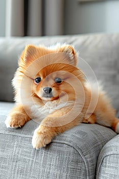 Cute pomeranian puppy poses for the camera, showcasing its fluffy charm and adorable demeanor