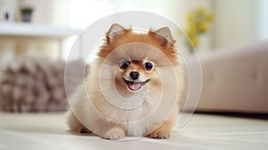 Cute Pomeranian relaxes on a white carpet in the living room, cozy and adorable. Ai Generated