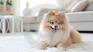 Cute Pomeranian relaxes on a white carpet in the living room, cozy and adorable. Ai Generated