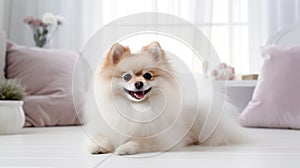 Cute Pomeranian relaxes on a white carpet in the living room, cozy and adorable. Ai Generated