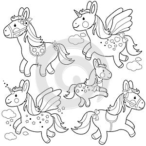 Cute ponies and unicorns. Vector black and white coloring page