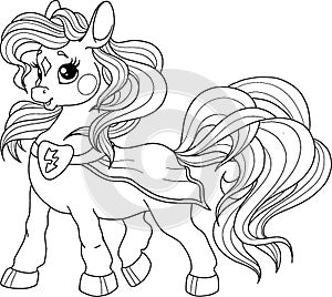 Cute pony character superhero. Vector pony for coloring book. Page for children`s creativity. Children`s character