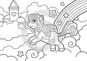 Cute pony, coloring book, funny illustration