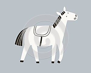 Cute pony in doodle Scandinavian kids style. Adorable black and white small horse. Childish drawing, foal standing