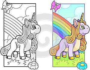 Cute pony unicorn, coloring book, funny illustration