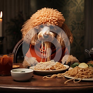 Cute poodle dog eatting spaghetti on the wooden table with drink in the cozy dinning room