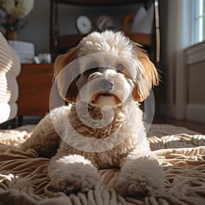 Cute poodle dog relaxing on the home carpet, adorable pet