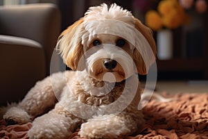 Cute poodle dog relaxing on the home carpet, adorable pet photo