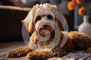 Cute poodle dog relaxing on the home carpet, adorable pet photo