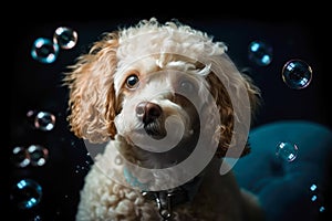 Cute poodle dog surrounded with soap bubbles. banner, postcard, placard. generative AI