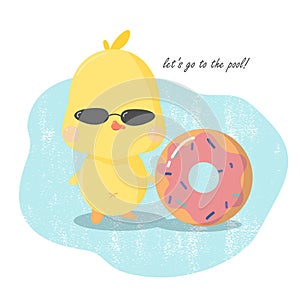 Cute pool party invitation card, Yellow duct with inflatable dougnut