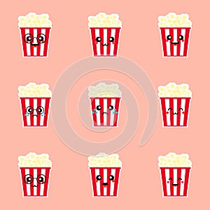 Cute Popcorn. Cinema Snack. Vector Illustration Cartoon Character Icon.. Set of hand drawn cute pop corn boxes isolated on white