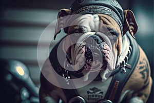 Cute portrait of a dog in a biker helmet created using generative ai technology, funny humorous dog poster