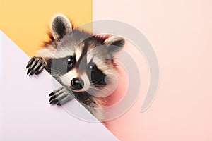 Cute portrait of a raccoon peeking out on a colored background, mockup