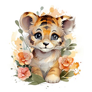 Cute portrait of a tiger with flowers and leaves on a white background. Watercolor cartoon illustration