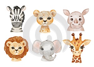 Cute portraits cheetah, giraffe, elephant and zebra in cartoon style. Drawing african baby wild cat face isolated on