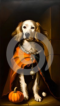 Cute posing golden retriever wearing a royal cape