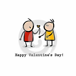 Cute postcard with doodle characters meeting on Valentines day.