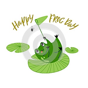 Cute Postcard with Green Funny Frog. A Little Frog Hunts a Fly. Vector Cartoon Illustration