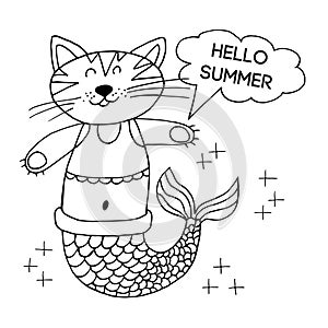 Cute postcard in hand draw style. Picture on the marine theme. Mermaid cat. Hello summer