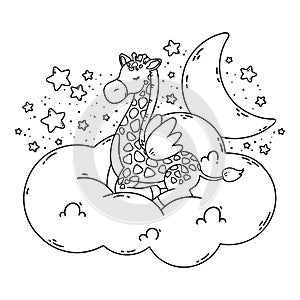 Cute poster with giraffe, moon, stars, cloud on a dark background. Vector illustration for coloring book isolated on white
