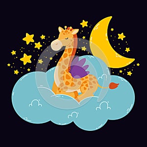 Cute poster with giraffe, moon, stars, cloud on a dark background. Vector print for baby room, greeting card, kids and baby t-
