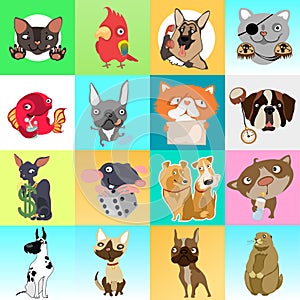 Cute poster or greeting card with modern design on theme of funny Pets. Ornate set of cats, dogs, mouse, hamster, fish