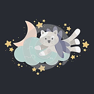 Cute poster with moon, stars, cloud on a dark background. Vector print for baby room, greeting card, kids and baby t-shirts.