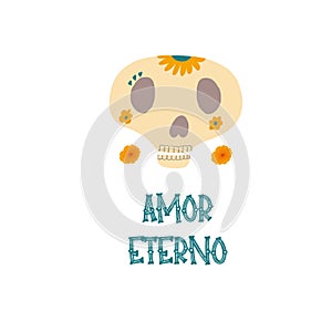 Cute poster with skull and lettering phrase. Vector photo