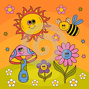 Cute poster with smiling sun, flowers, bee, mushroom