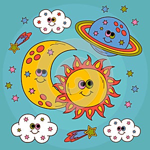 Cute poster with smiling  sun, moon, planet, cloud
