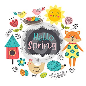 Cute poster with spring elements and characters