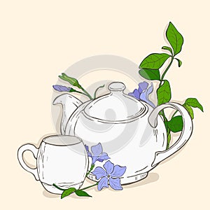 Cute poster with teapot and cup and flowers of periwinkle