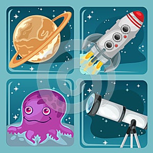 Cute poster on the theme of space exploration. Planet Saturn, flying rocket, astronomical telescope, alien purple